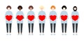 Set of diverse race vector women holding hearts. Valentine Day sisterhood cute and simple modern flat style