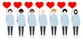 Set of diverse race vector women holding red balloon hearts. Valentine Day sisterhood cute and simple modern flat style