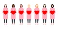 Set of diverse race vector women holding romantic hearts. Valentine Day sisterhood cute and simple modern flat style
