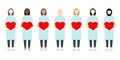 Set of diverse race vector women in long dresses holding hearts. Valentine Day sisterhood cute and simple modern flat style