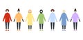 Set of diverse race vector women in rainbow clothes wearing masks. Nurse scrubs clothes. Flat style vector image. Doctors during
