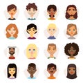 Set of diverse round avatars with facial features different nationalities, clothes and hairstyles. Royalty Free Stock Photo