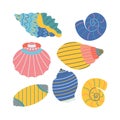 Set of diverse sea shell, aquatic life animals in flat cartoon style Royalty Free Stock Photo