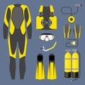 Set of diving equipment icon. Wetsuit, scuba gear and accessories Underwater activity sports item.