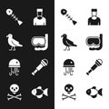 Set Diving mask and snorkel, Bird seagull, Dead fish, Sailor captain, Jellyfish, Spyglass telescope lens, Fish and Skull