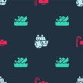 Set Diving mask and snorkel, Cruise ship and Sinking cruise on seamless pattern. Vector Royalty Free Stock Photo