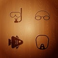 Set Diving mask, and snorkel, Fish and Glasses cap on wooden background. Vector