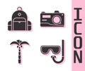 Set Diving mask and snorkel, Hiking backpack, Tropical palm tree and Photo camera icon. Vector