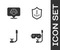 Set Diving mask and snorkel, Scallop sea shell, Snorkel and Anchor inside shield icon. Vector Royalty Free Stock Photo