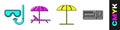 Set Diving mask and snorkel, Sunbed and umbrella, Sun protective umbrella for beach and Travel ticket icon. Vector.