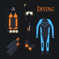 Set for diving sports. .kostyum immersion in water, Balon air . Vector illustration Royalty Free Stock Photo