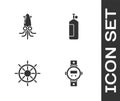 Set Diving watch, Octopus, Ship steering wheel and Aqualung icon. Vector Royalty Free Stock Photo