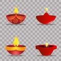 Set of Diwali Diya oil lamps on transparent background. Festival of lights. Happy Diwali