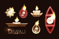 Set of diyas with fire and candles. Top and side