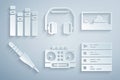 Set DJ remote and mixing music, Music wave equalizer, Audio jack, playlist, Headphones and icon. Vector Royalty Free Stock Photo