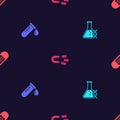 Set DNA research, search, Test tube with drop of blood, Magnet money and Bandage plaster on seamless pattern. Vector Royalty Free Stock Photo