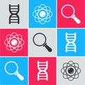 Set DNA symbol, Atom and Magnifying glass icon. Vector Royalty Free Stock Photo
