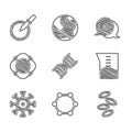 Set DNA symbol, Molecule, Hemoglobin, Laboratory glassware or beaker, Bacteria, Bio healthy food and Petri dish with Royalty Free Stock Photo