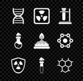 Set DNA symbol, Radioactive, Test tube flask on stand, in shield, chemical, Chemical formula, and Alcohol spirit burner