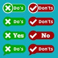 Set Do and Dont check tick mark and red cross checkbox icons design on blue background. Royalty Free Stock Photo