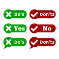 Set Do and Dont check tick mark and red cross checkbox icons design isolated on white background.