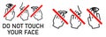 Set of do not touch your face icon. Simple black white drawing with hand touching mouth, nose, eye crossed by red line. Can be Royalty Free Stock Photo