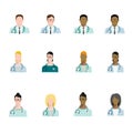 Set of doctor avatars profession, basic characters set in flat style. Doctors of different races