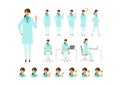 Set of doctor woman in lab coat in different poses. Working, standing, pointing and sitting