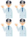 A set of 4 facial expressions of a doctor with a smiling face mirror that says `OK`.
