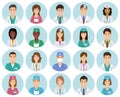 Set of doctors and nurses avatars in uniform in circle frames. Collection of medicine employee faces in circles Royalty Free Stock Photo