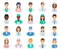 Set of doctors and nurses avatars in uniform. Collection of medicine employee. Medical men and women portfolio avatars