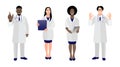 Set of doctors and nurses in medical uniform in various poses and gestures on a white background. Different races people. The Royalty Free Stock Photo