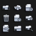 Set Document with clock, folder, Search concept, Next page arrow, Trash can, Unknown document and Folder and icon