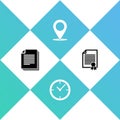 Set Document, Clock, Map pin and Certificate template icon. Vector