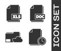 Set Document with clock, XLS file document, Cloud storage text document folder and DOC file document icon. Vector Royalty Free Stock Photo