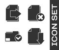 Set Document with download, Next page arrow, Document folder and check mark and Delete file document icon. Vector Royalty Free Stock Photo