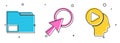 Set Document folder, Arrow cursor and Head people with play button icon. Vector