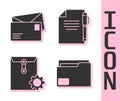 Set Document folder, Envelope, Envelope setting and Document and pen icon. Vector Royalty Free Stock Photo