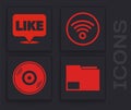 Set Document folder, Like in speech bubble, Wi-Fi wireless internet network and Vinyl disk icon. Vector