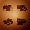Set Document folder, Folder and lock, Cloud with check mark and Document folder and check mark on wooden background Royalty Free Stock Photo
