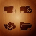 Set Document folder, Folder and lock, Cloud with check mark and Document folder and check mark on wooden background