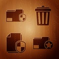 Set Document folder with star, Document folder protection, Document protection concept and Trash can on wooden Royalty Free Stock Photo