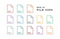 Set of Document Labels and File Formats Icons. PDF, MP3, TXT, XLS, PPT, CSV, MOV, DOC, RAR, PNG, EPS, ZIP, HTML. Vector
