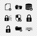 Set Document and lock, Folder, Server security with, Open padlock, and Computer api interface icon. Vector Royalty Free Stock Photo