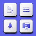 Set Document and lock, Laptop with password, Ringing alarm bell and Folder icon. White square button. Vector Royalty Free Stock Photo