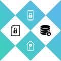 Set Document and lock, Retro wall watch, Smartphone with and Server security icon. Vector Royalty Free Stock Photo