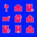 Set Document and pen, Delete envelope, Envelope, Outgoing mail, with shield, check mark and Mail box icon. Vector