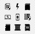 Set Document protection, Lightning bolt, SD card, Micro memory, Paper scroll and icon. Vector