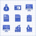Set Document, Rocket flying up on coins growth chart, Money bag and, Clipboard with graph, Computer monitor, Resume
