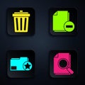Set Document with search, Trash can, Document folder with star and Document with minus. Black square button